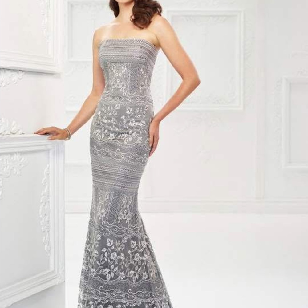 Montage by Mon Cheri Silver Strapless Gown for Weddings